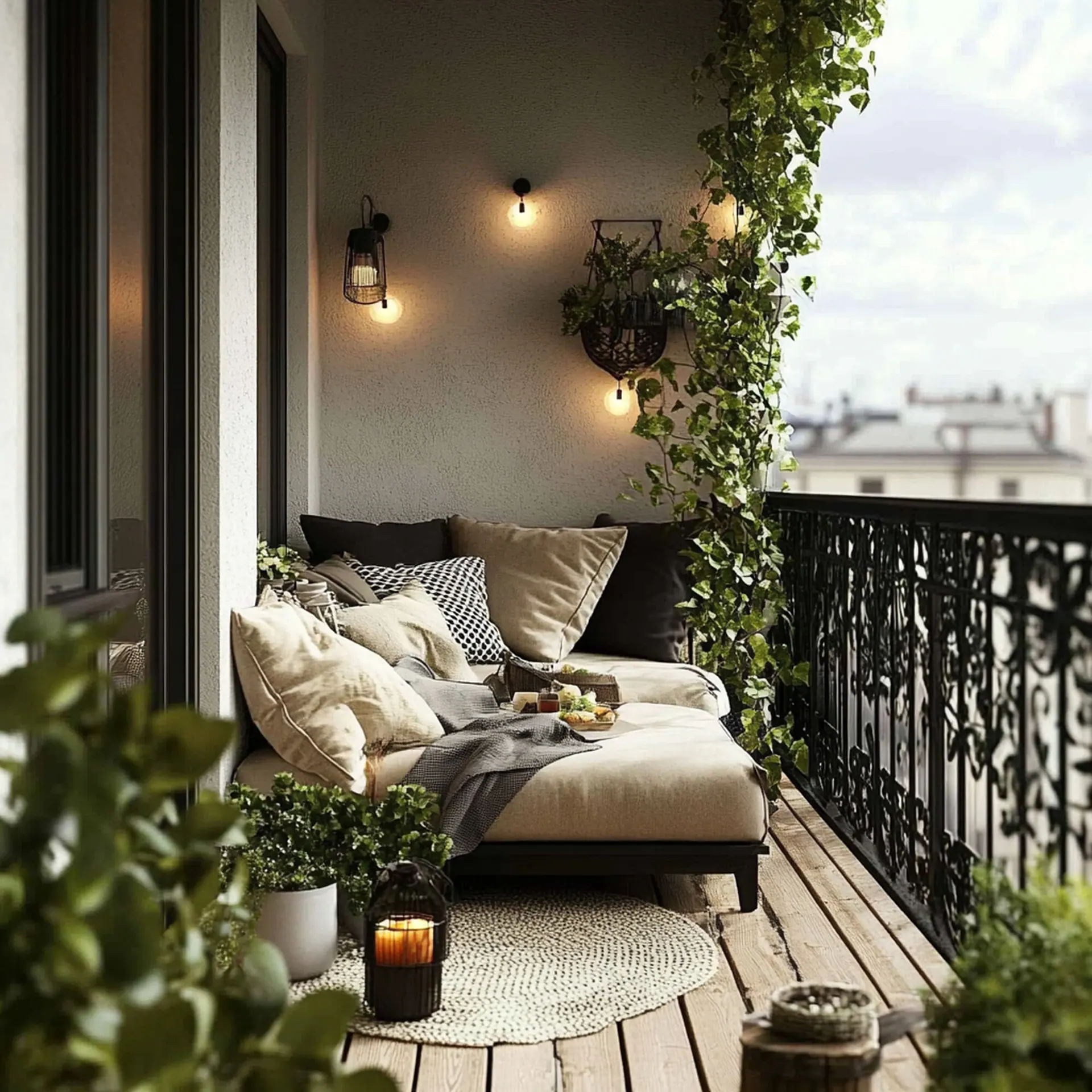A balcony set up with seating